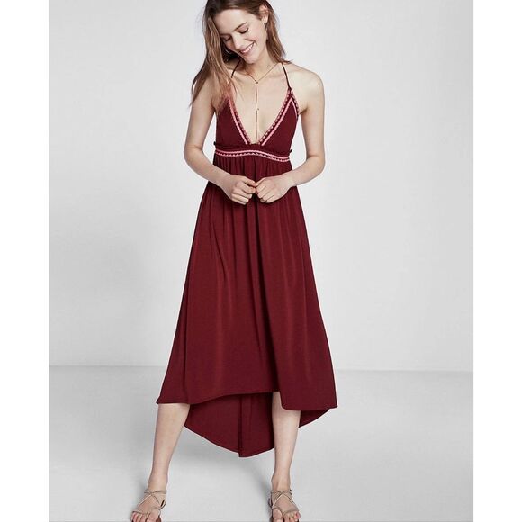 EXPRESS Women’s Merlot Red Contrast Embroidered Trim Halter Maxi Dress Size XS - Picture 2 of 9